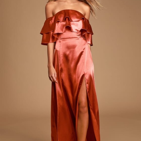 Lulus Dresses & Skirts - Lulus Pure Happiness Rust Satin Off the Shoulder S